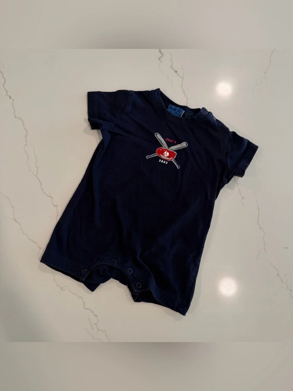 Navy One-Piece Bodysuit with Red Baseball Emblem